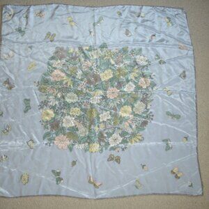 Marja Kurki Pure Silk Square Scarf 33”x 33” Blue with Flowers & Butterfly's
